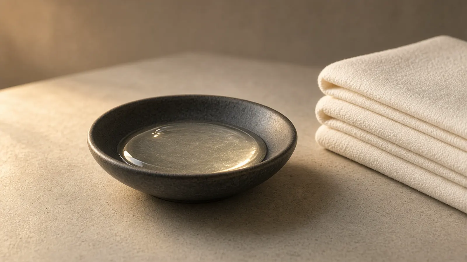 Clear gel in a dark ceramic dish beside ivory towels, with no people.