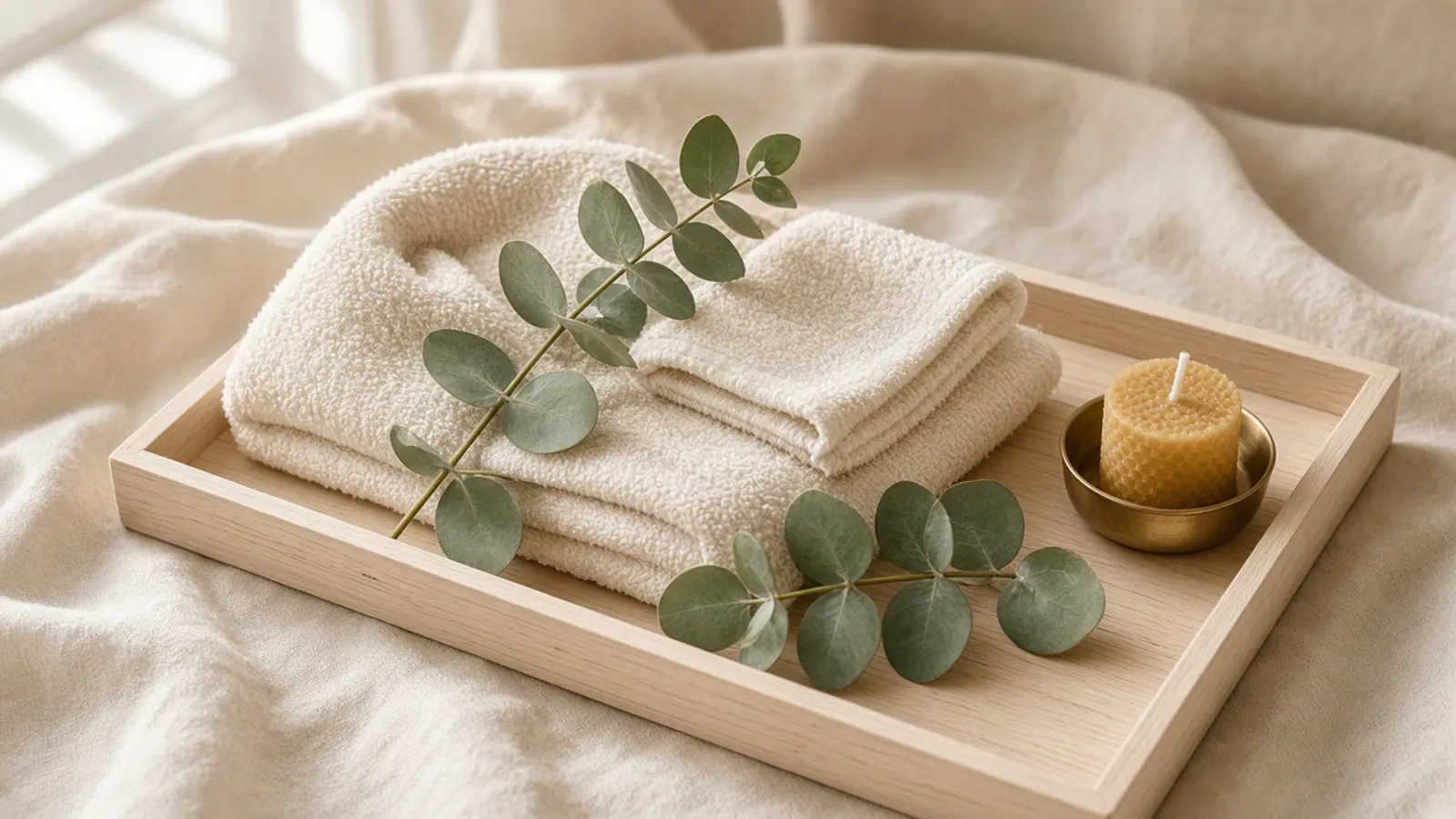 Folded towels, eucalyptus leaves and a candle on a wooden tray, with no people.
