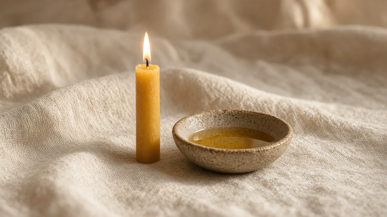 A lit candle and a small oil dish on warm linen, with no people.