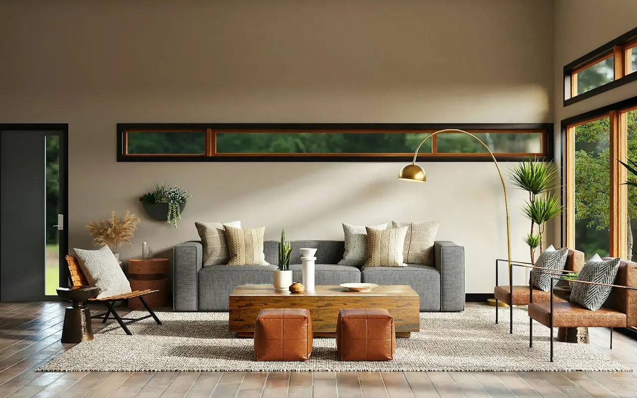 Sala em tons bege, com luz suave e plantas, sem pessoas.