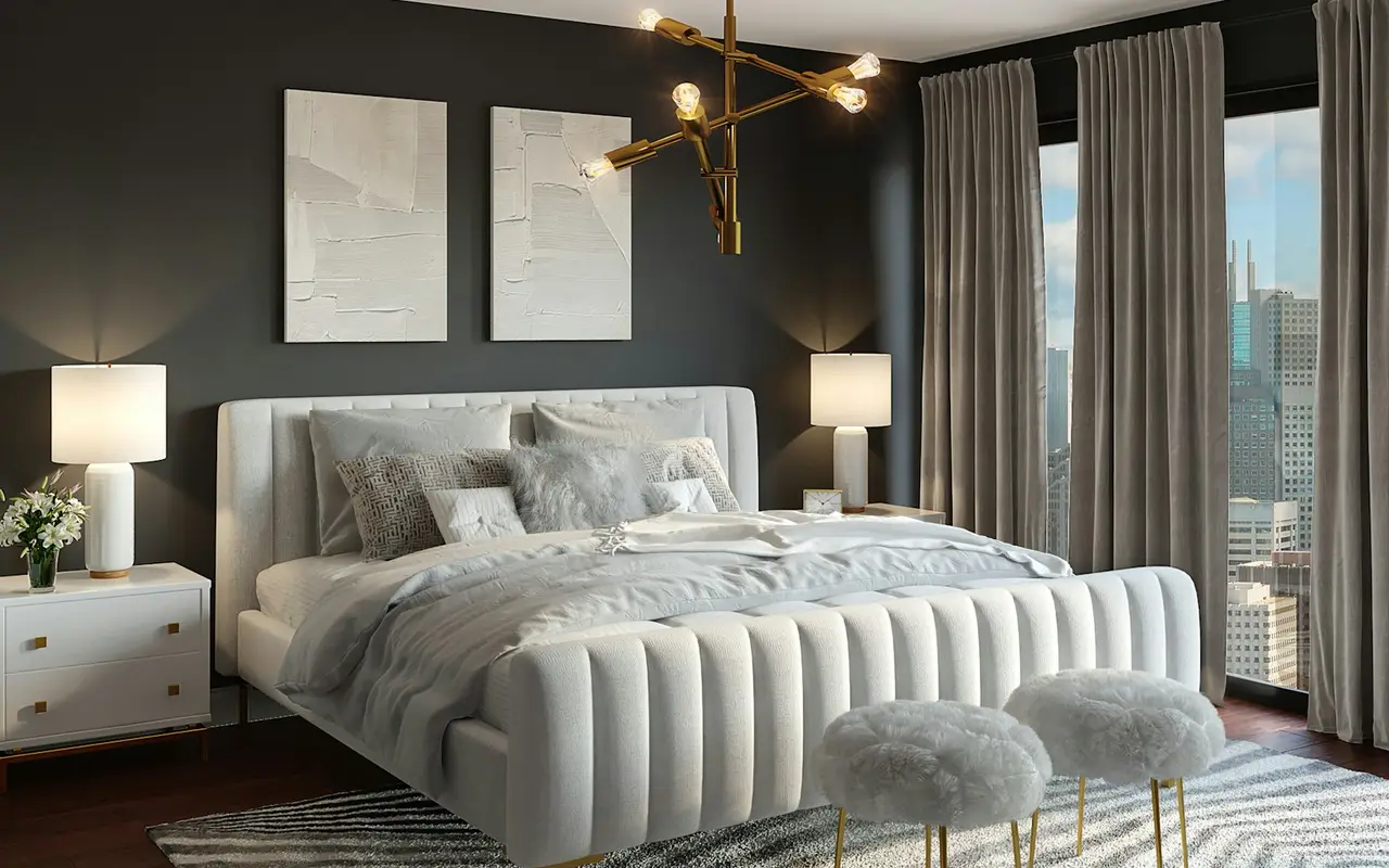 Quarto com cama branca e luz suave, sem pessoas.